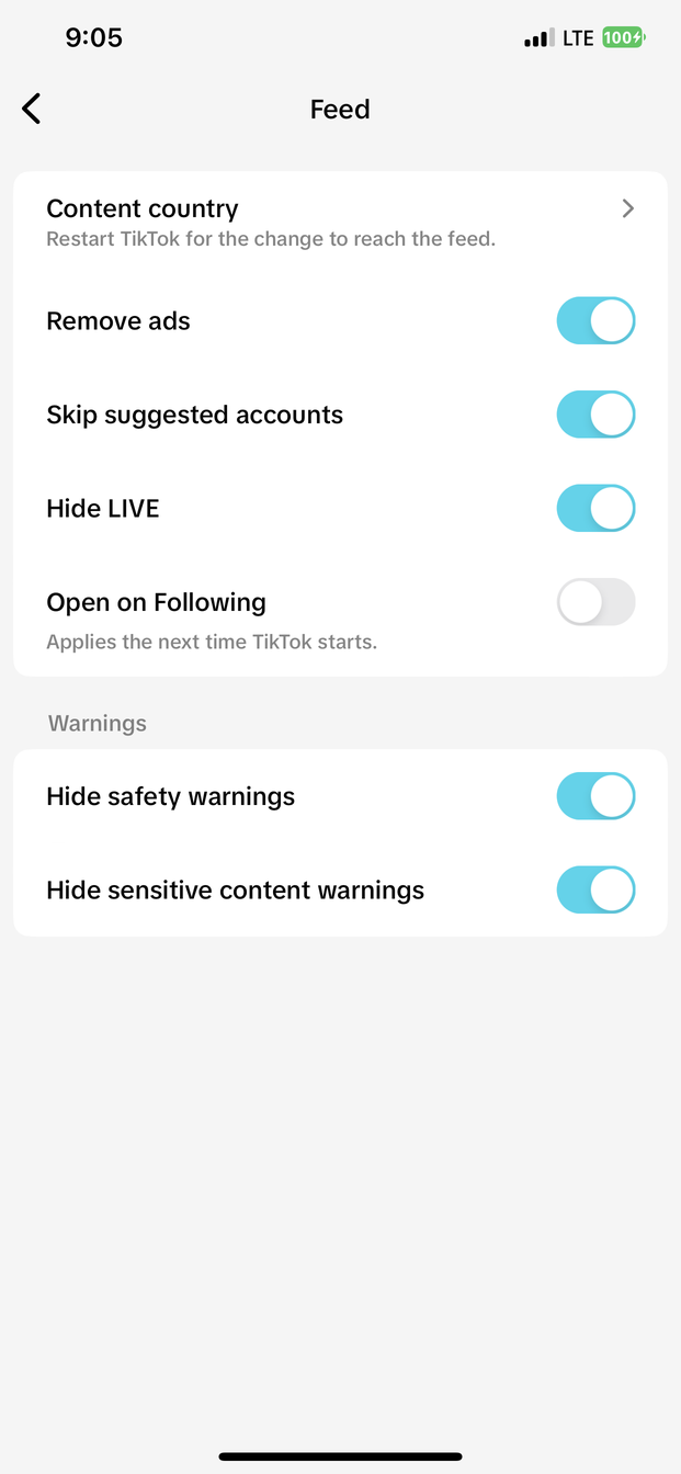 Feed options — region, ads, LIVE